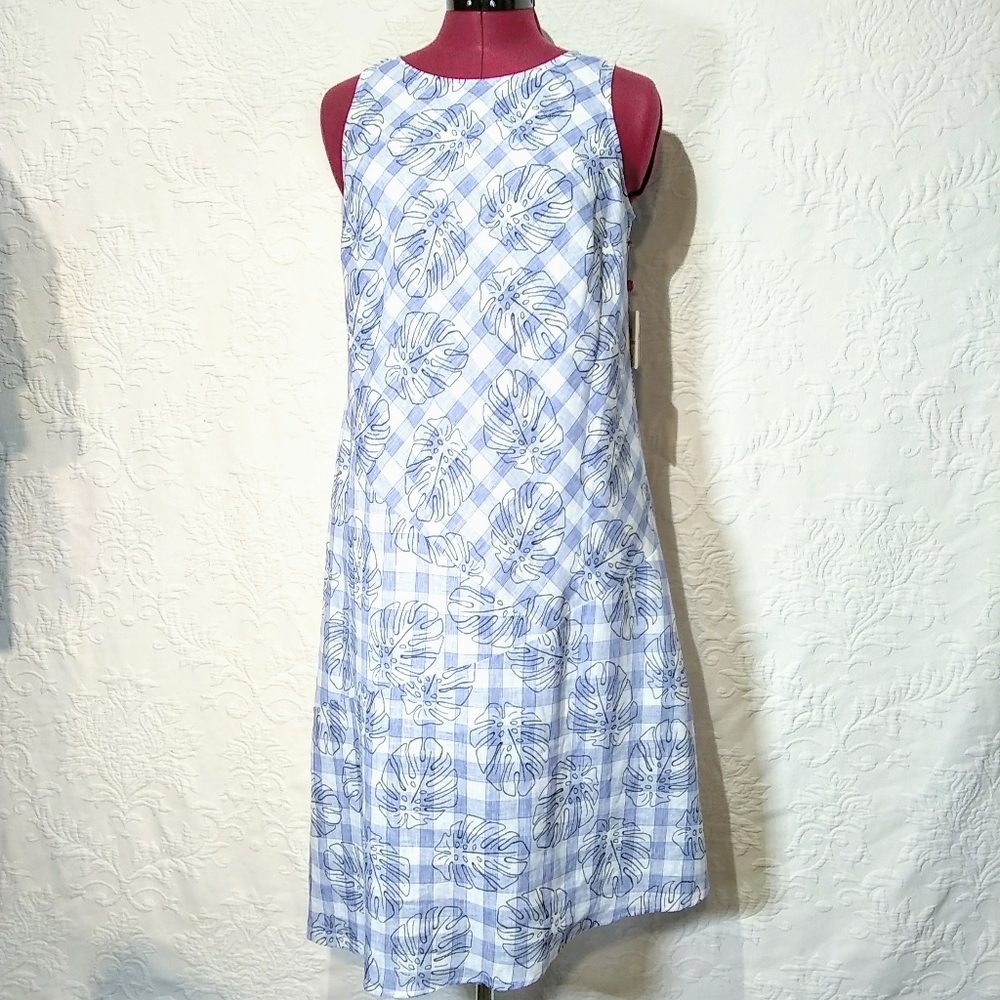 Rafaella Linen Gingham Plaid Checkered Leaf Asymmetrical Dress New Small